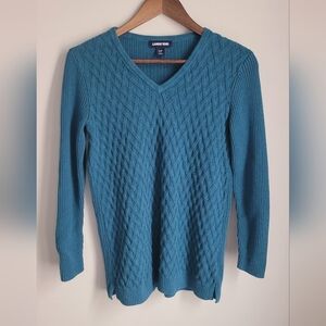 Lands' End Women's Size S/P Teal Cable Knit Sweater Vneck Prep Academia Classic